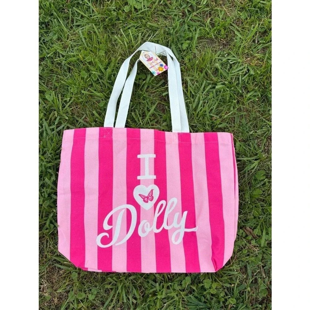 NWT Dolly Parton I Love Dolly Pink Striped White Striped Large Tote Bag NWT